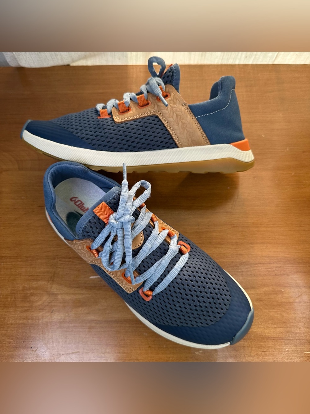 OluKai Women's Navy Blue and Tan Athletic Sneakers with Orange Accents